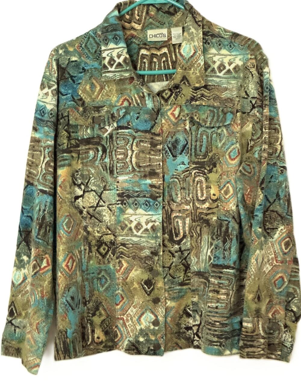 Chico's Size 3 XL 16 Cotton Linen Jacket Button Up Abstract Tribal Sage Green